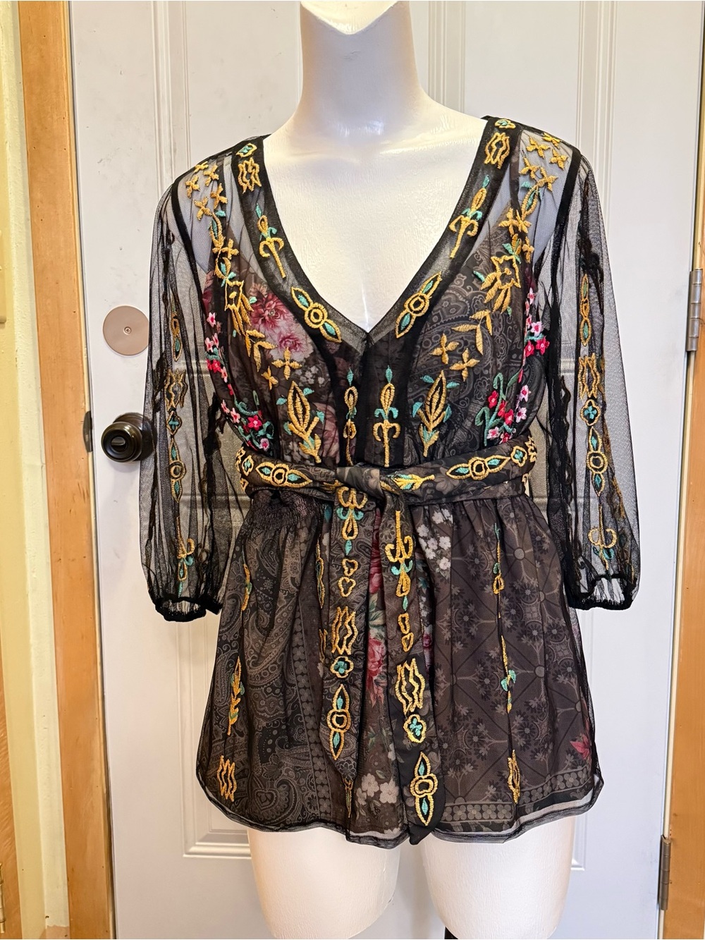 Wayward Fancies eShakti Tunic Top M  Boho Sheer‎ Mesh Embroidered Floral Blouse
